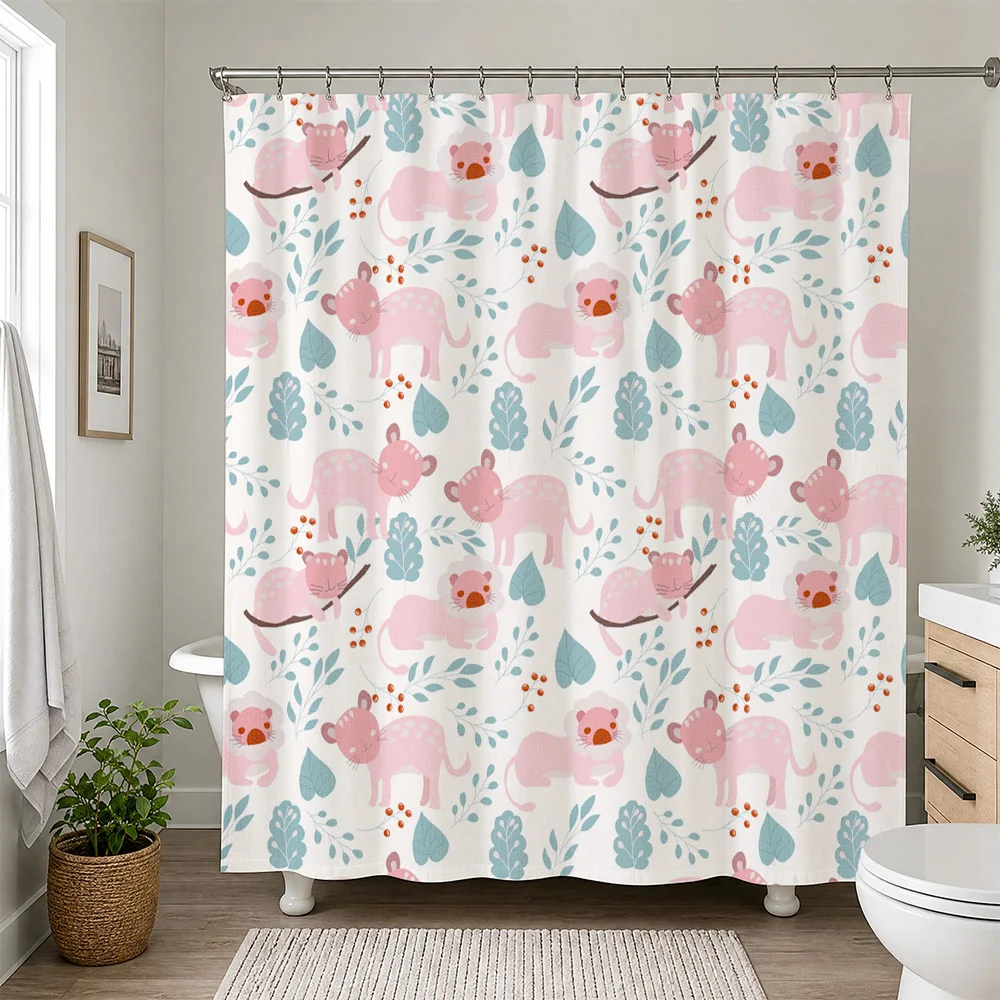 Adorable Pink Animal Pattern Shower Curtain Bathroom Decor Nursery Shower Liner Waterproof Kids Cartoon Cute Print For Kids Bath