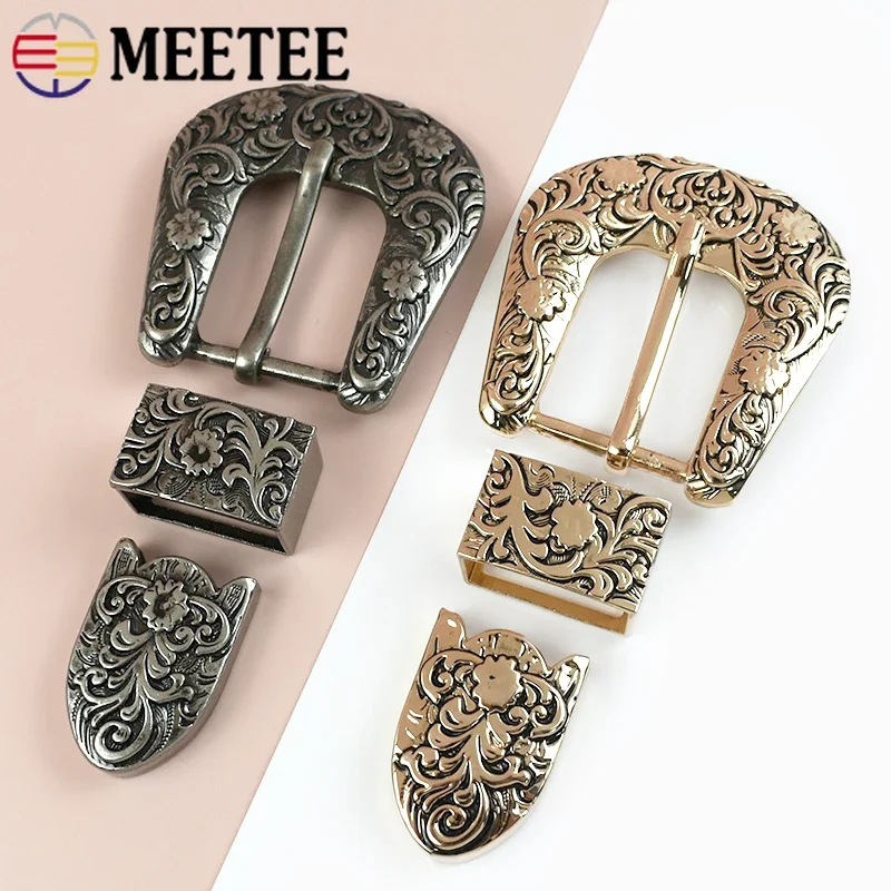 1Set Deepeel 25mm Vintage Metal Belt Buckles Kit Leather Waistband Pin Buckle Pattern Carving Loop Clasp Hardware Accessories