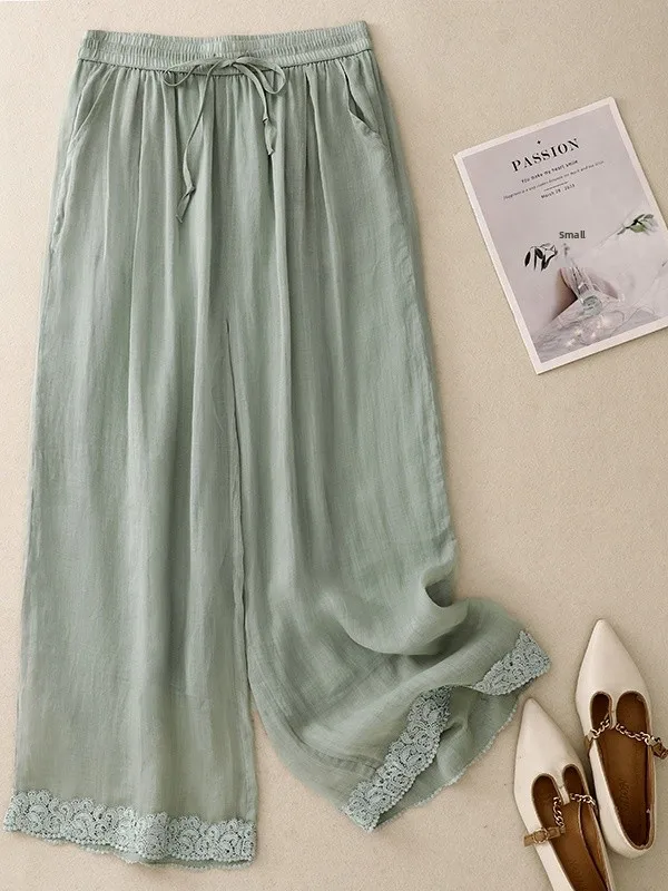 

Artistic Vintage Double Layer Wide Leg Pants Elastic Waist Loose Lace Trim Long Trousers for plus Size Women Summer New Arrival