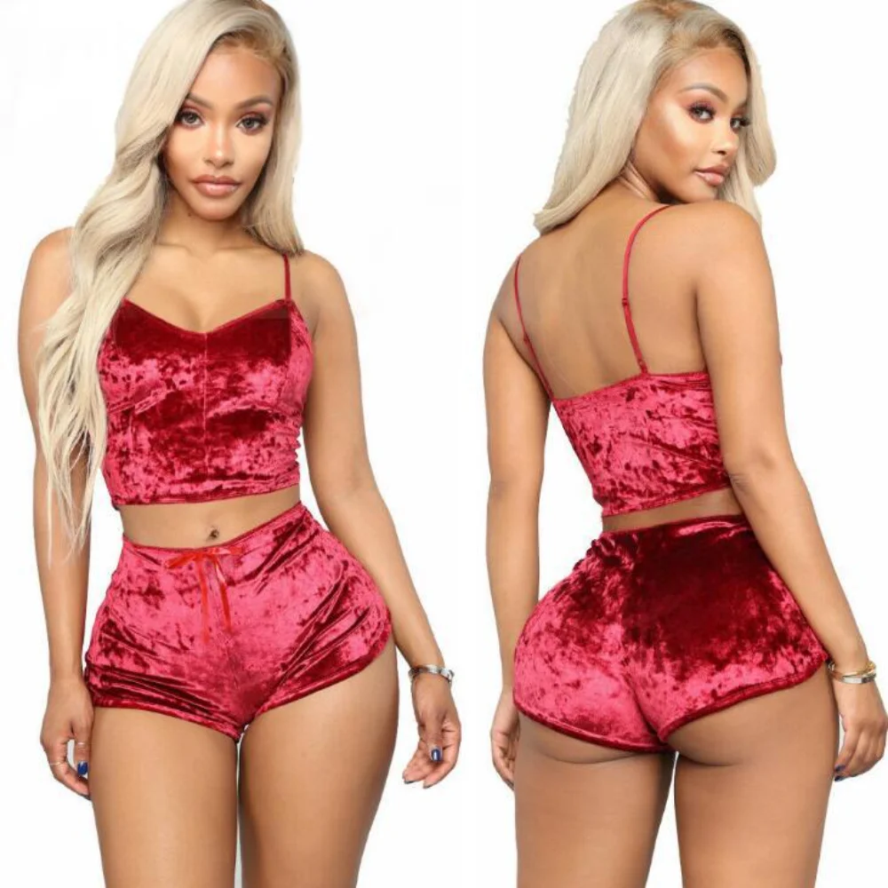 Women\'S Velvet Polyester Comfortable V-Neck Underwear 2 Pieces Setcamisole Shorts Pajamas Set Home Clothes Sleeveless Top Shorts