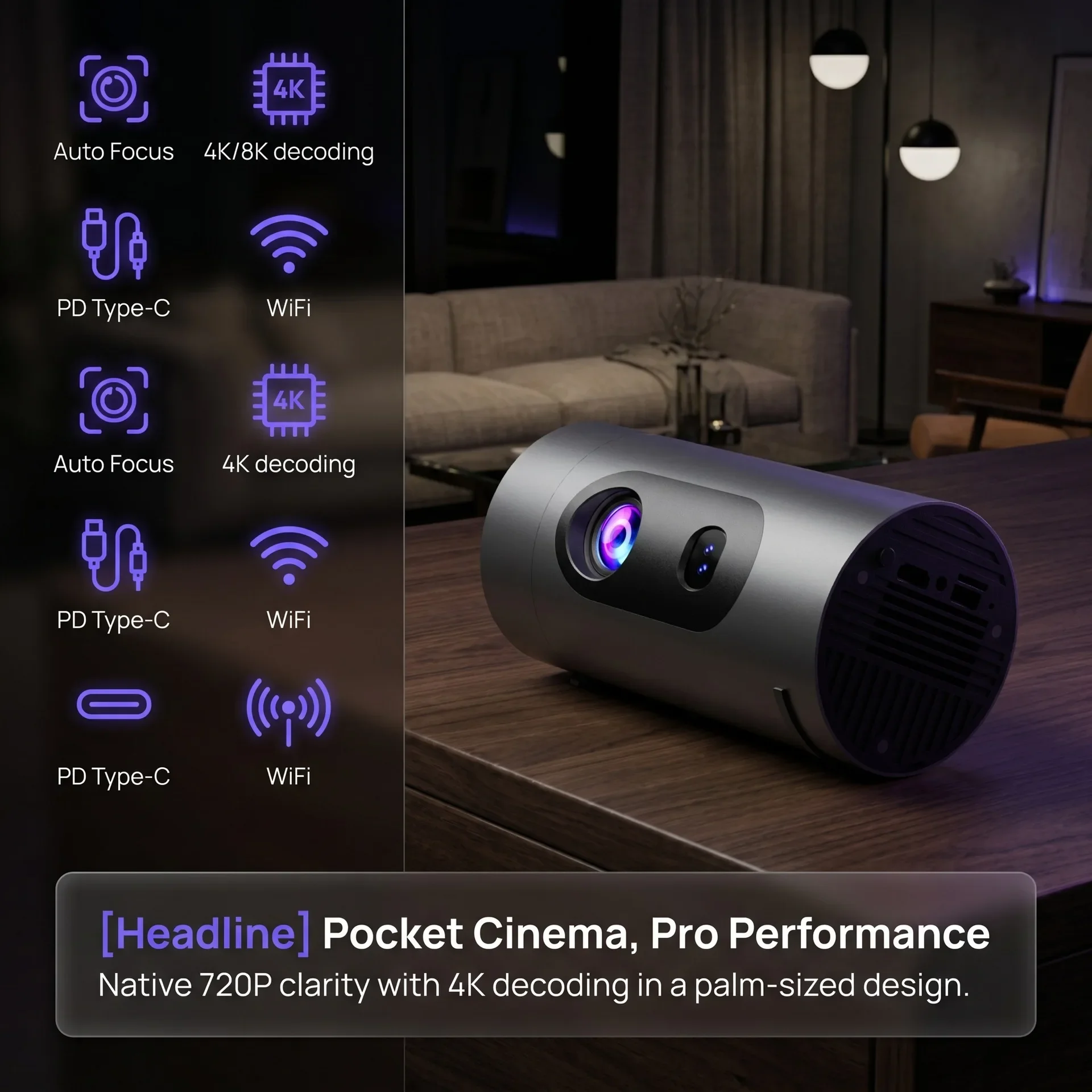 Q8 Portable Android 14 Smart Projector WiFi6 Mini Cinema Device 4K HD Video Auto Focus Power Bank Charging For Travel