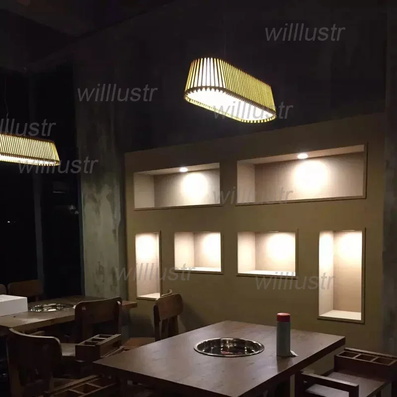 

Handmade Bamboo Pendant Lamp LED Rectangle Suspension Light Restaurant Hotel Sitting Bedroom Wood Hanging Ceiling Chandelier