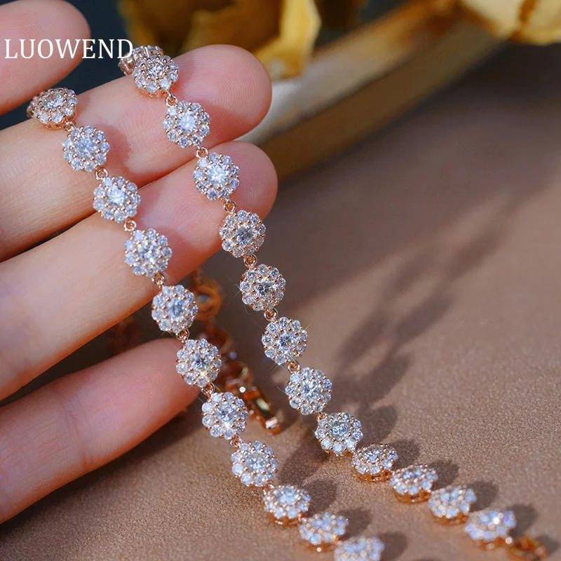 LUOWEND 100% 18K Rose Gold Bracelet Luxury Flower Design 5.60carat Real Natural Diamond Bracelet for Women High Party Jewelry