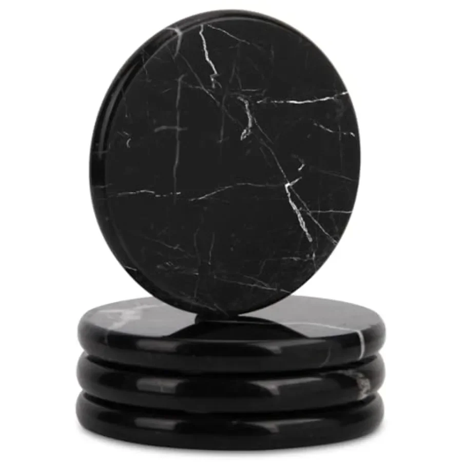 

Natural Marble Coasters Set of 4, 4 inch Round Stone Coasters with Silicone Anti-Slip Pads, Minimalist Marble Drink Pads for Ta