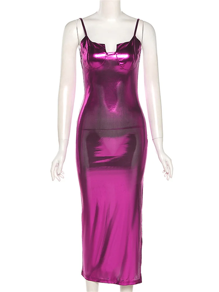 Bizarre chat néon violet discothèque robe d'été femmes dos nu robe sans manches maigre côté fendu Sexy fête vacances tenues extensibles