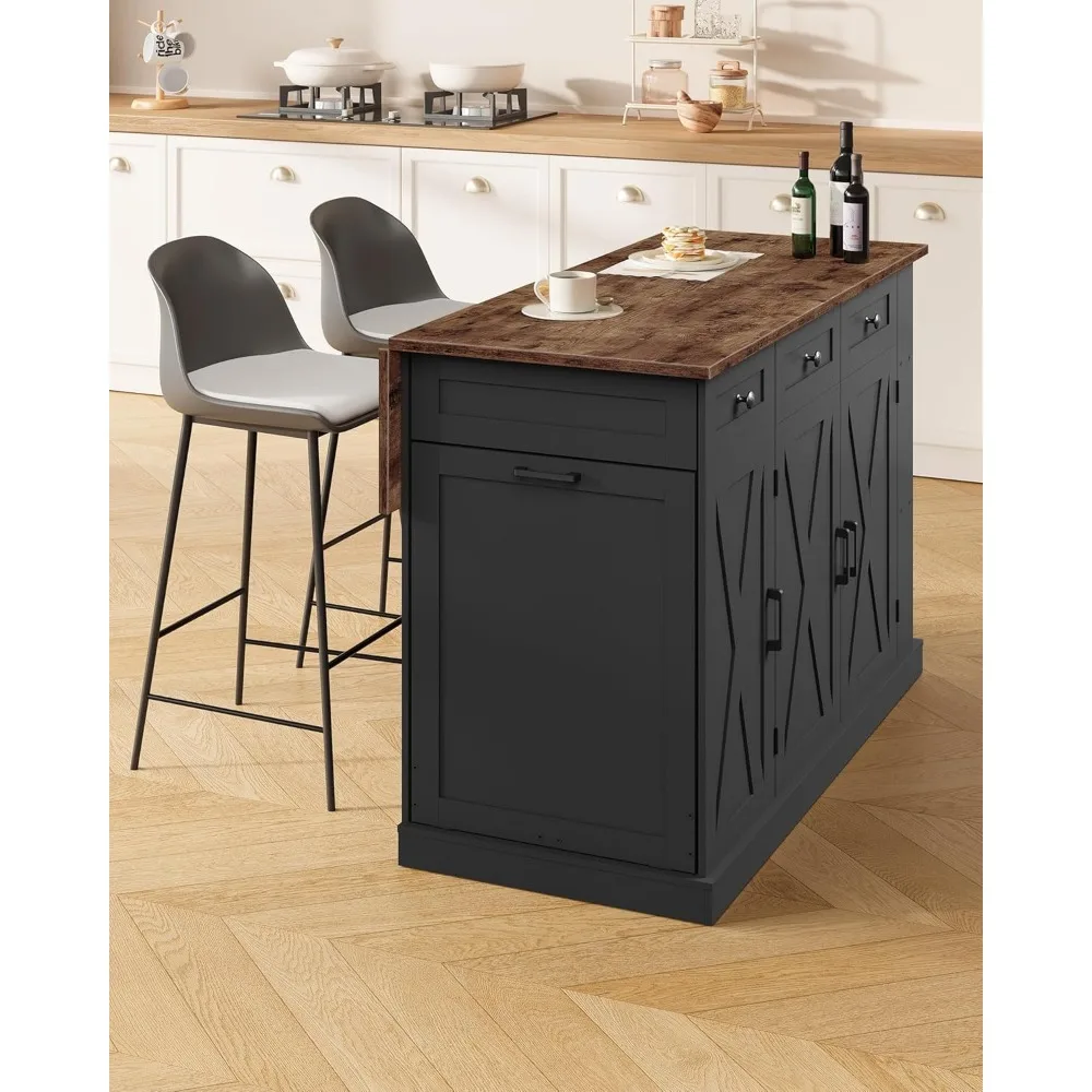 طاولة جزيرة المطبخ المتحركة مقاس 51.2 بوصة مع سطح قابل للطي، عربة جزيرة المطبخ مع مساحة تخزين، خزانة سلة المهملات، درجين، رف توابل #3