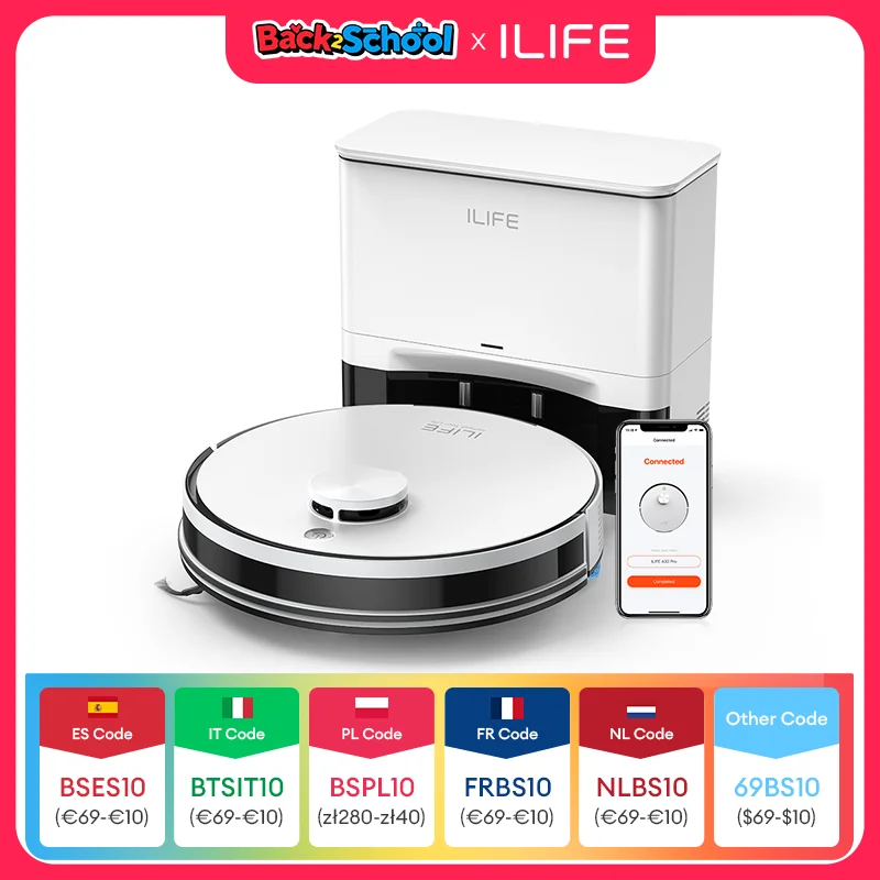ILIFE-Robot aspirador A30 PRO de succión de 5000Pa, Combo de fregona, vaciado automático, capacidad de 60 días, aplicación/control remoto, tiempo de funcionamiento de 180 minutos