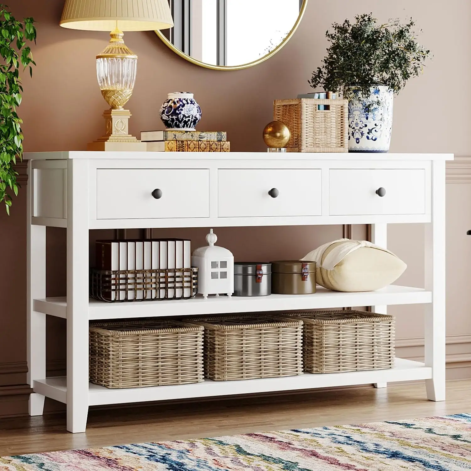 Console Table with 3 Drawers 2 Layers Shelves, Solid Pine Wood Retro Mid Century Long Sofa Table for Entryway Hallway