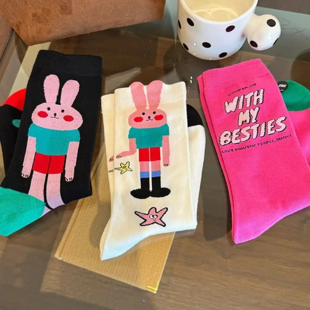 5Pairs Cute Rabbit Letter Mid-Calf Socks Multicolor Korean Style Cartoon Socks Hosiery Stripe Tube Socks Women Female