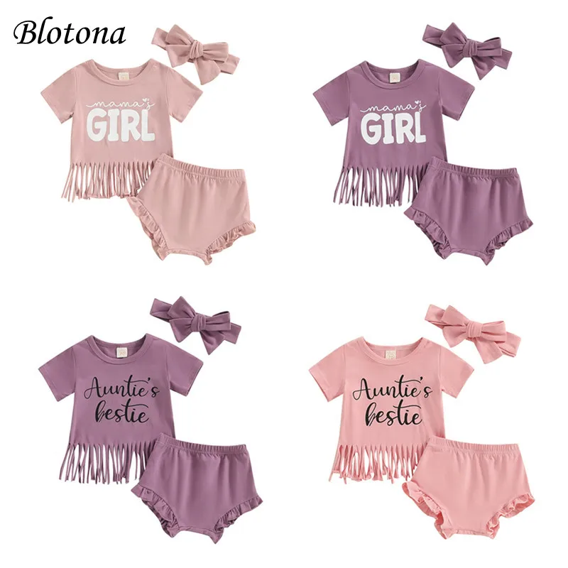 

Blotona Baby Girl Shorts Outfit Letter Print Short Sleeve Tassel T-Shirt with Ruffled PP Shorts Headband Summer Clothes 0-24M