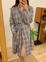 Stripe Plaid Lovers Home Gradient  Autumn Winter Long Sleeve Nightgown Warm Casual Couple Elegant Loose Korean Style Sleepwea