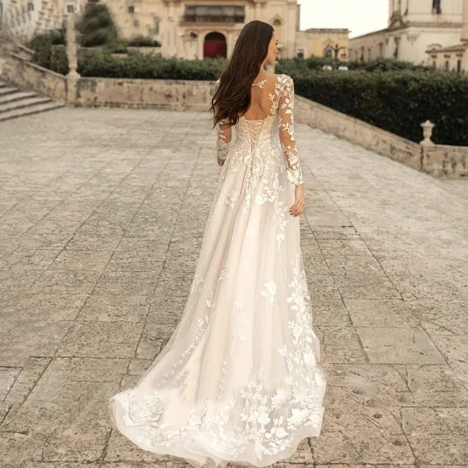 2023 novo vestido de casamento de manga longa com decote em v com tribunal trem de luxo rendas a linha robe de mariee plus size vestido de noiva