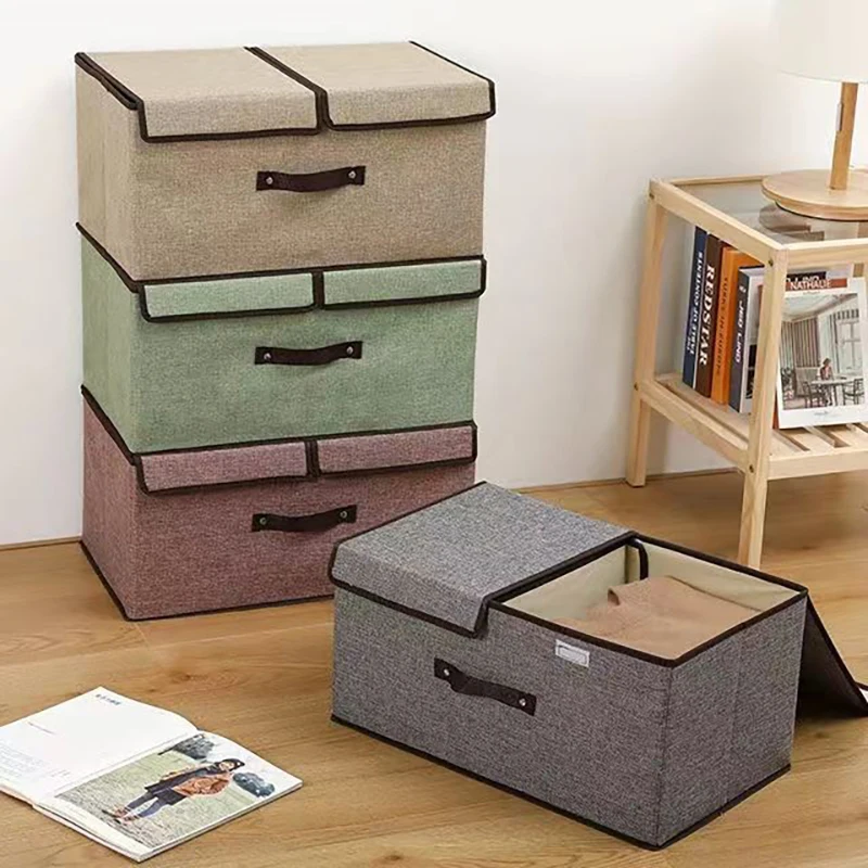 Cotton Fabric Foldable Storage Box Large Double Lid With Cover Organizer Underwear Miscellaneous Items Bedroom Arrangement Case