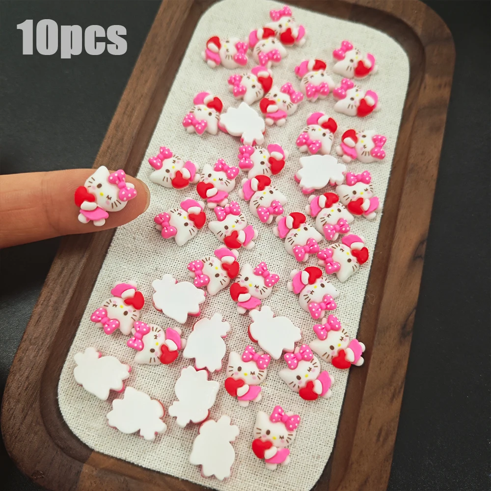 

10pcs 3D Heart Wink Hello Kitty Nail Rhinestone Charms - Cartoon Resin Japanese Bow Cat Nail Decorations for DIY Manicure Crafts