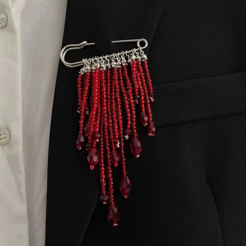KunJoe Gothic Red Crystal Brooch Pin Bead Tassel Brooch Women Vintage Skirt Clothes Pants Suit Shirt Jeans Pin Halloween Jewelry