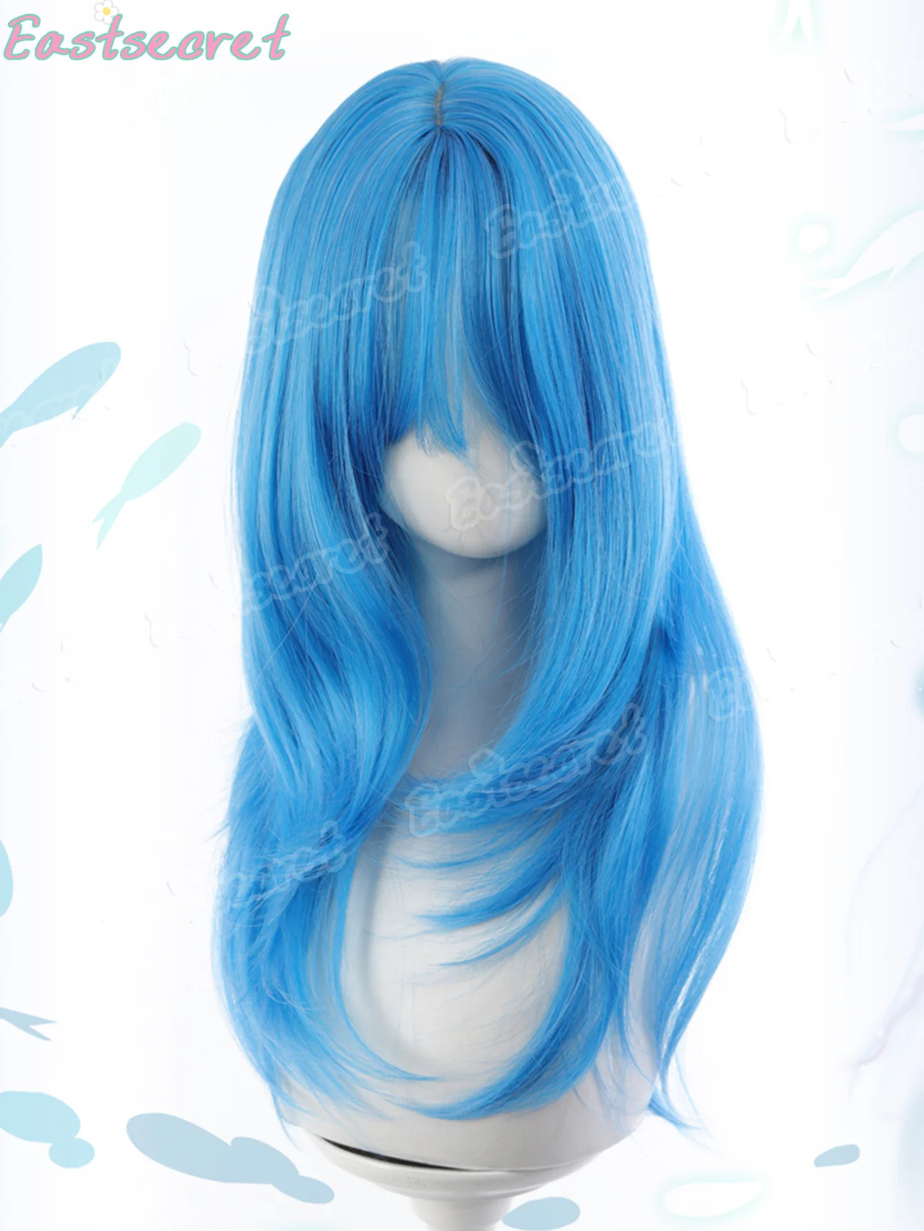 Synthetic wigs 24 Inch Blue Layered Straight Synthetic Lolita Wig with Bangs Anime Cosplay Long Hair Wig for Halloween Party