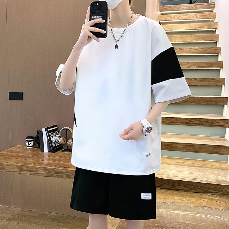 2024 Fashion Men T-Shirts Shorts Outfits Sets Summer 2 Piece Oversized Tracksuit Set Casual Patchwork Streetwear Mens Clothes