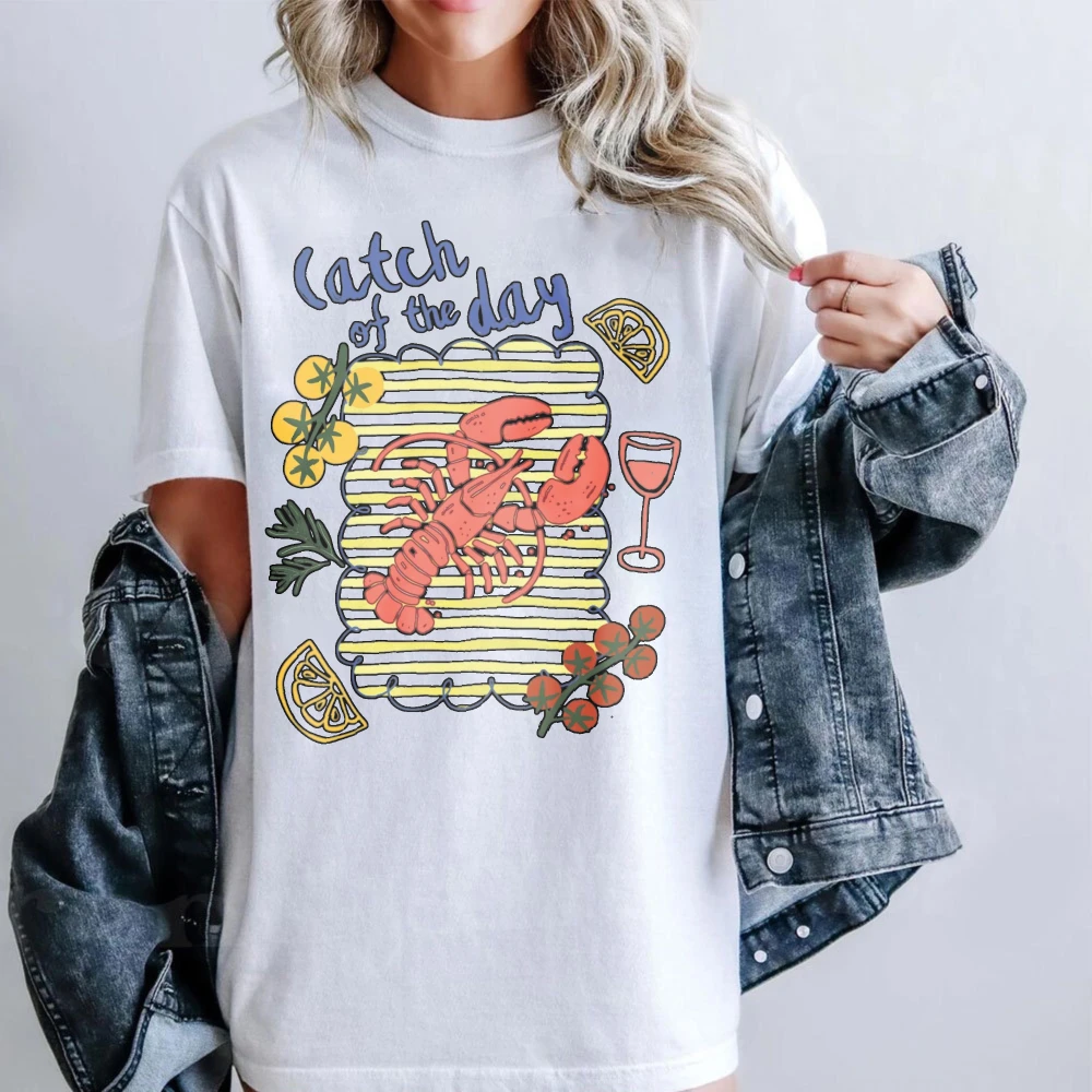 Catch of The Day Lobster and Wine T-Shirt Fashion Summer Beach Clothing Vacation Women Casual Shirt Daily Life Cotton Tops