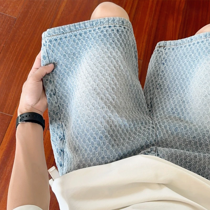 Summer 2026 New Men Denim Shorts Honeycomb Pattern Jacquard Versatile Straight Fit Five-point Fashion Short Jeans For Guys