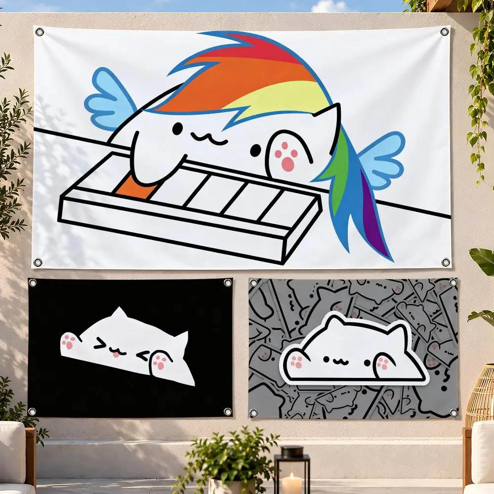 Meme Cute Music Bongo Cat Flags Fan Flag Banner Wall Hanging Outdoor Yard Camping Dorm Garage Party Home Decor Gift
