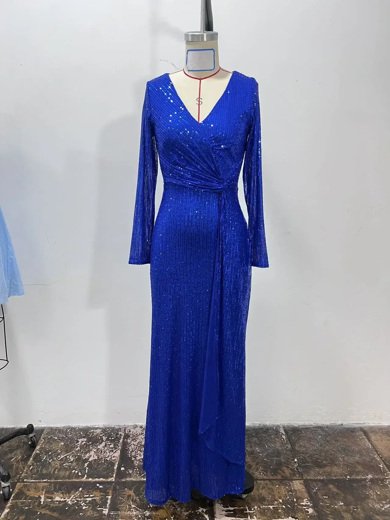 Damen-Abendkleid mit V-Ausschnitt und Pailletten, langen Ärmeln, elegantes Abendkleid für Hochzeit, Party, Brautjungfer, Abschlussball, formelles Promi-Kleid