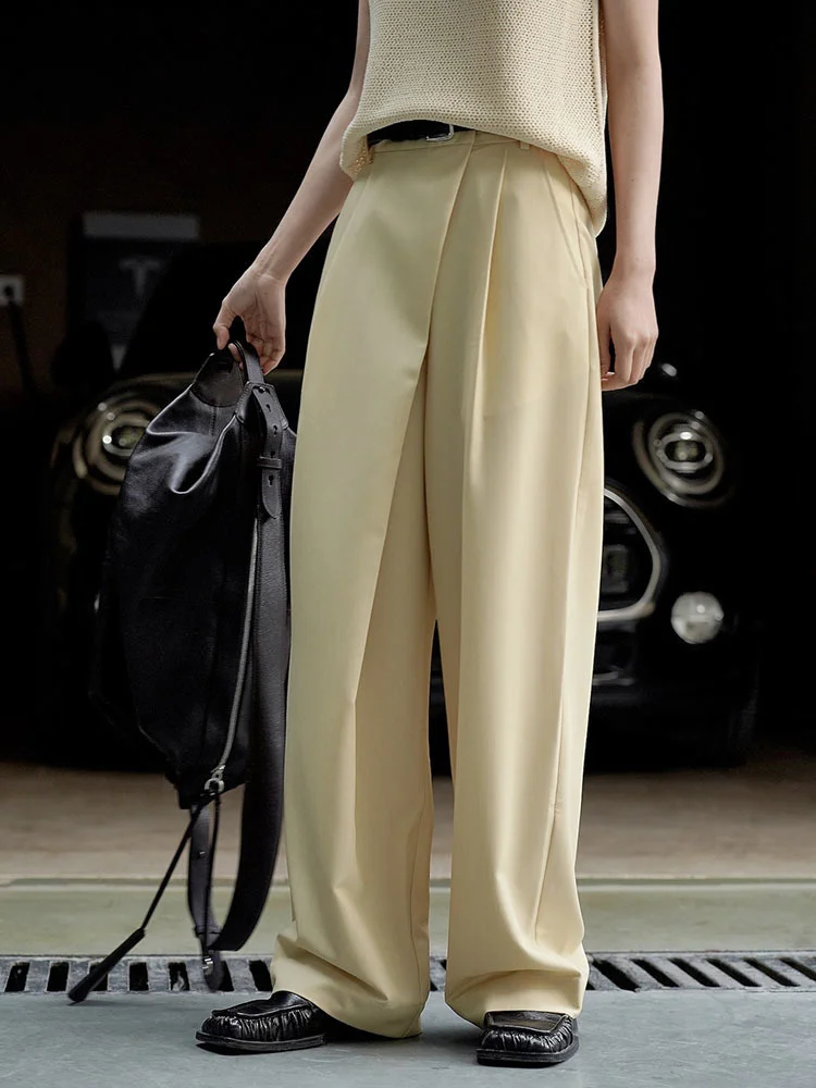 [LANMREM] Minimalism Irregular Pleated Pants Women Solid Straight Wide Leg Pants Korean Style Clothing 2024 Autumn New 26D2368