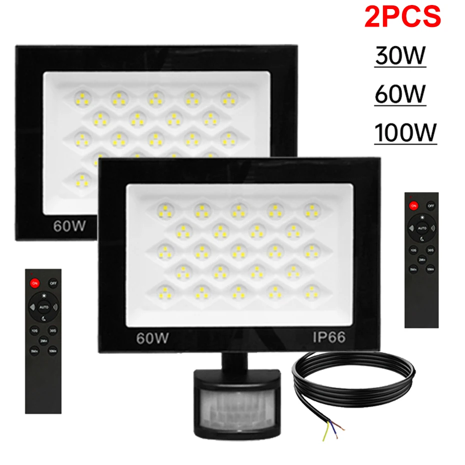 2pcs 6500K LED Floodlight PIR Motion Sensor AC220V 30W 60W 100W Waterproof Spotlight Outdoor Wall Building Lighting Decor Lamp