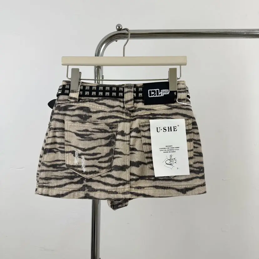 Summer New High Street Zebra Pattern Denim Short Skirt with Holes A-shaped Skirt