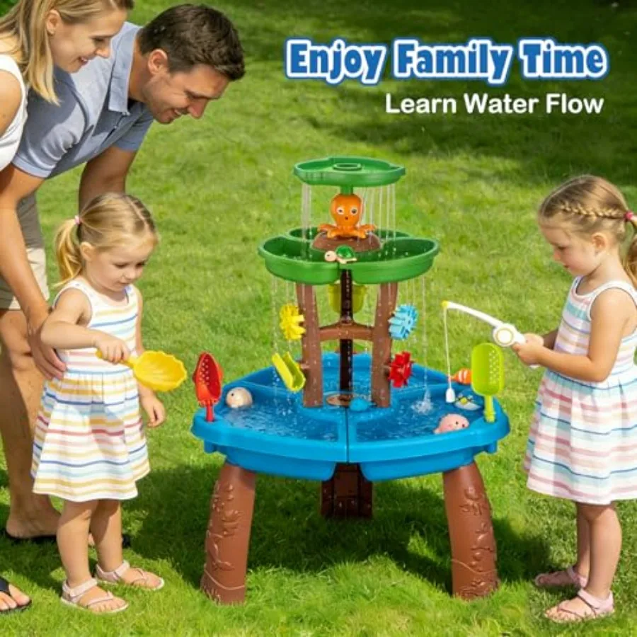 Outdoor 3-tier water table with fishing game set for toddlers ages 3-10, made of durable plastic, blue and yellow, includes sen