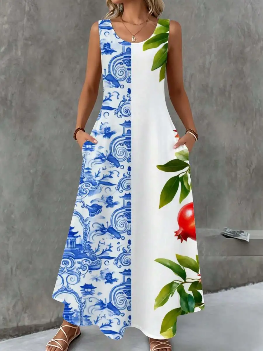 

Sleeveless Maxi Dress White Blue Chinoiserie And Pomegranate Print Summer Beach Casual