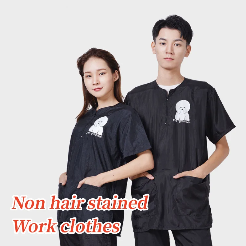 

Pet Grooming Work Clothes Barber Shop Uniform Breathable Non-stick Hair Anti Static Cat Dog Sheared Gown Pet Shop Coverall Y0517