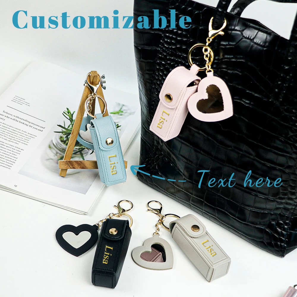 Customized Name PU Leather Small Mirror Lipstick Bag Key Chain Small Incense Style Decorative Creative Mouth Red Envelope