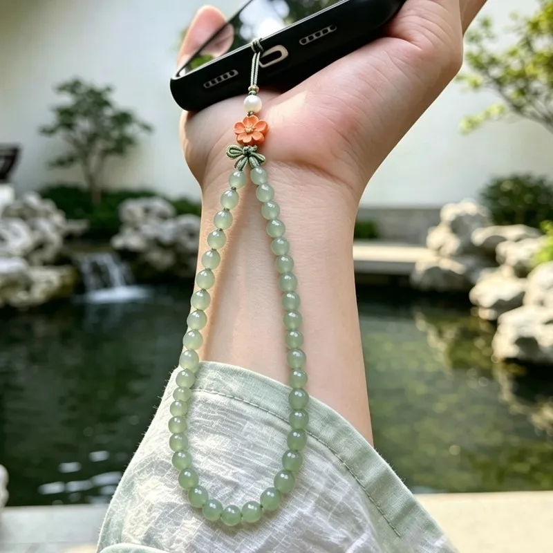 Natural Hetian Jade Qingshui Chain, Handmade New Style Ancient Beaded Mobile Phone Lanyard