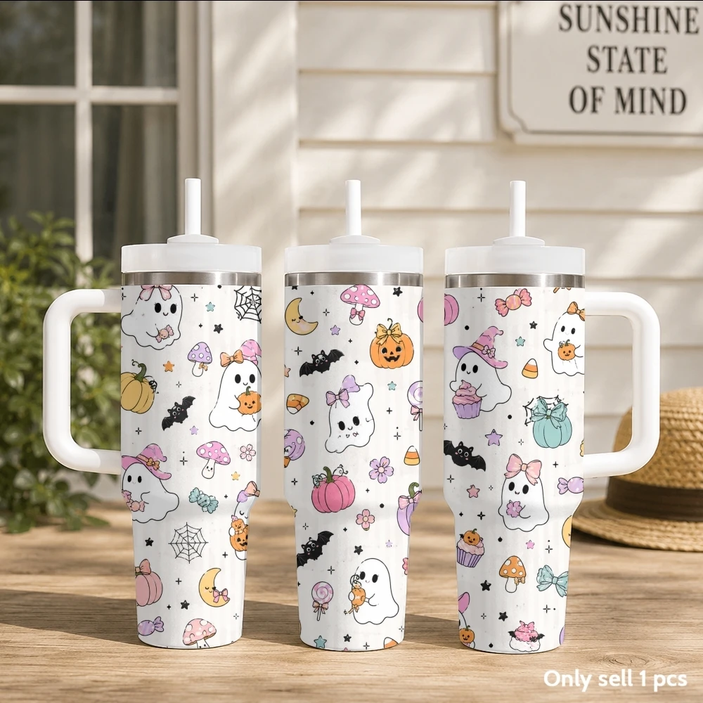 Halloween Ghost Pumpkin Pattern Vacuum Flasks 40oz Stainless Steel Insulated Tumbler with Handle & Straw Leakproof Travel Mug