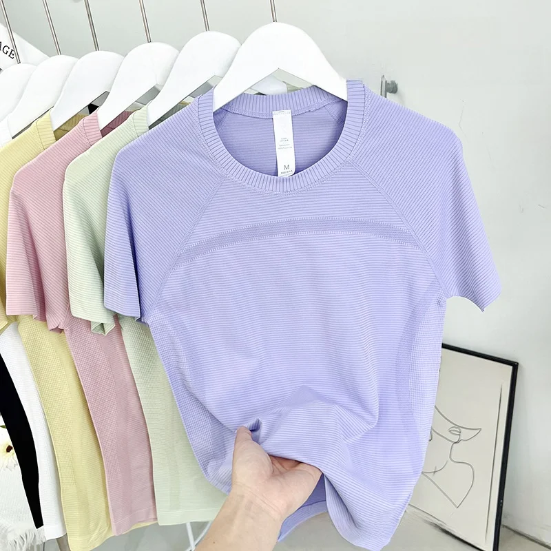 

Женская быстросохнущая спортивная футболка для похудения, бесшовный топ для йоги с короткими рукавами, приятный для кожи освежающий дизайн