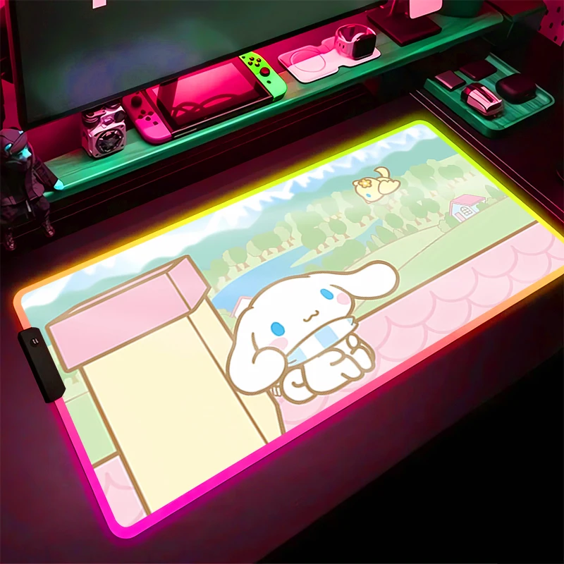 

RGB светодиодный коврик для мыши, резиновый удлиненный коврик для ноутбука, настольный коврик для мыши, компьютерная игра, коврик для мыши C-cinnamoroll, аксессуары для ПК, коврик для клавиатуры HD