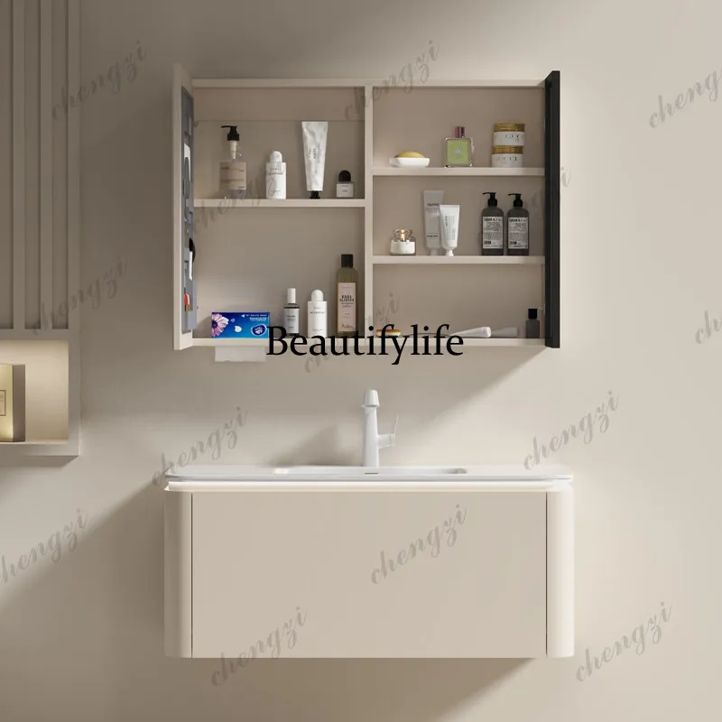 Cream gray wind solid wood bathroom cabinet, smart mirror cabinet, round mirror integrated ceramic basin combination