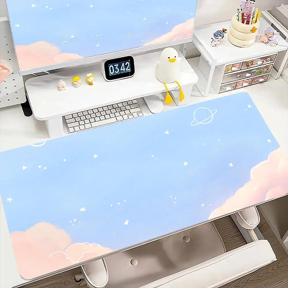 Light Blue Pastel Cloud Planet Desk Mat Waterproof Non Slip Minimal Star Sky Mouse Pad Ideal Gift for Girls & Students