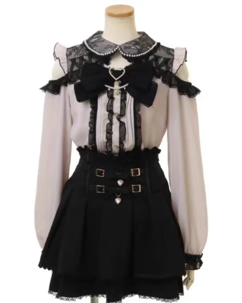 

Новый милый укороченный топ с открытыми плечами и жемчугом, универсальная женская одежда с пышными рукавами и шнурком, японская лоскутная свежая рубашка со вставками