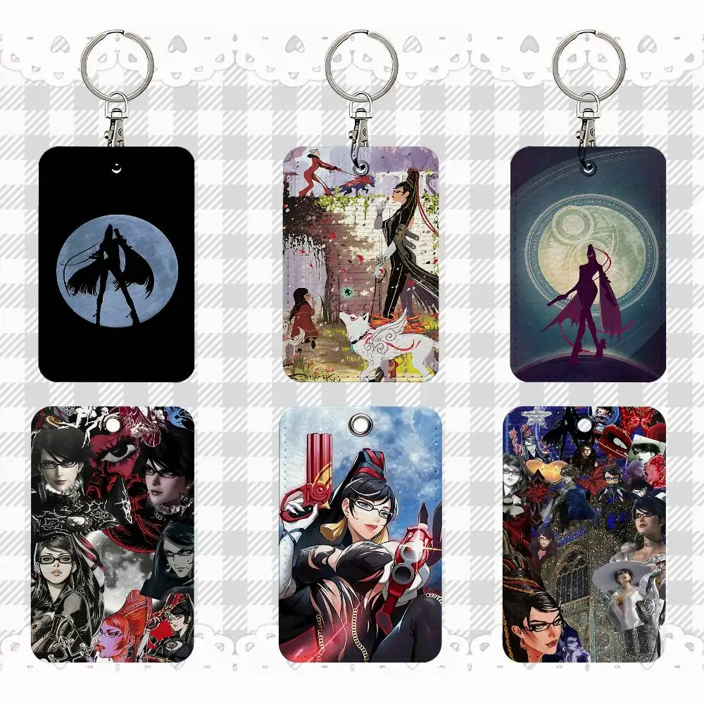

B-Bayonetta Cool Rectangle ID Card Case Keychain Access Card Bag Key Tag Ring Leather Card Holder Key Ring Access