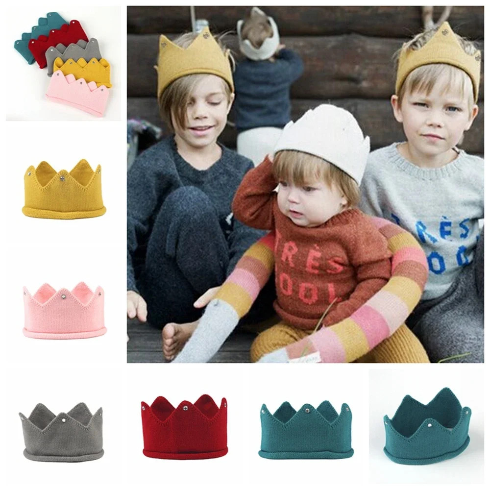 New Crochet Crown Kids Children Hat Knitted Newborn Tiara Caps with Shining Rhinestone Baby Girls Photo Props Headwear Gifts