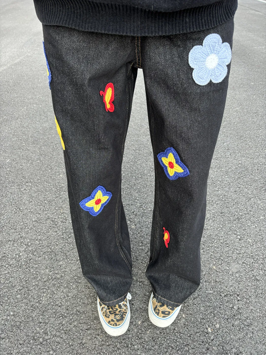 

Slimming American Retro Original Denim Black Men's Straight Leg Jeans Embroidered Floral Wide Leg Pants Spring Fashion