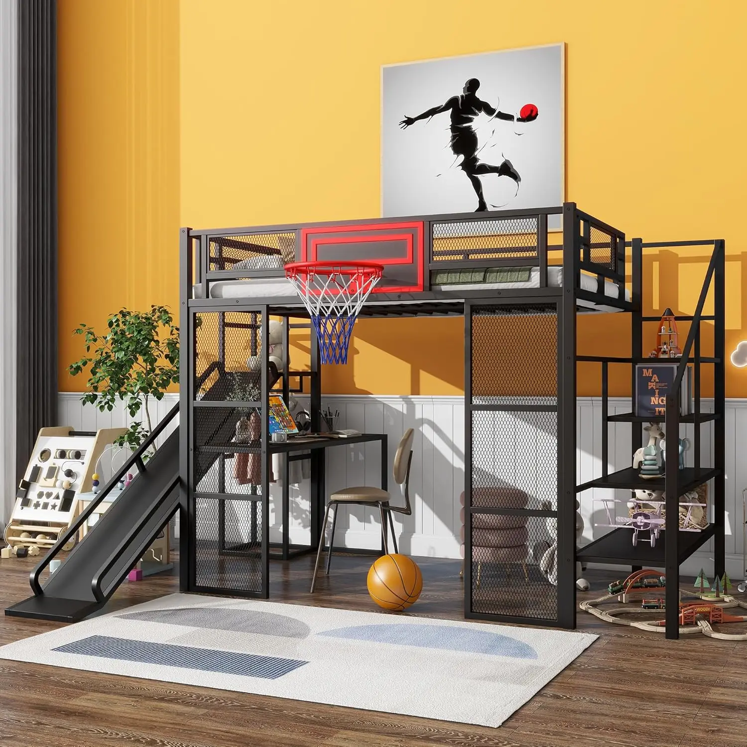 سرير علوي معدني كامل الحجم مع زحليقة ودرج، إطار سرير علوي بتصميم صناعي مع حلقة كرة سلة مدمجة ومكتب