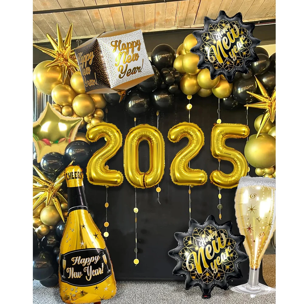 New Years Balloon Arch Garland Kit Happy New Years Decorations 2025 with Gold Fringe Backdrop 32inch 2025 Number Foil Balloon