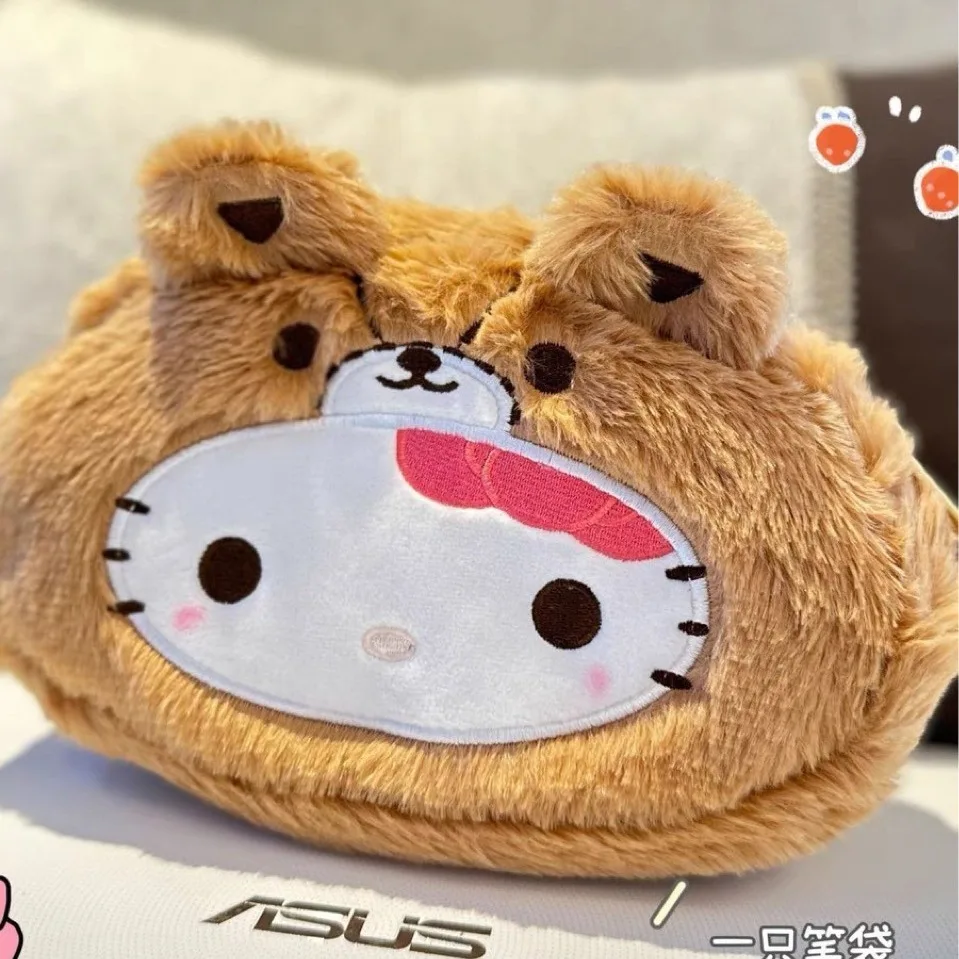 

New Hello Kitty Plush Pen Pouch Anime Sanrio Coffee Coloured Kt Cat Pencil Case Cute Girl Cartoon Student Stationery Organiser