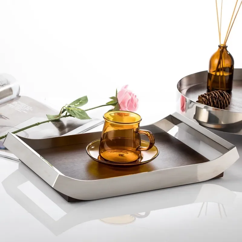for Italian Simple High End Walnut Tray Home Decoration Storage Round Aromatherapy Display Plate Stainless Steel Modern Light