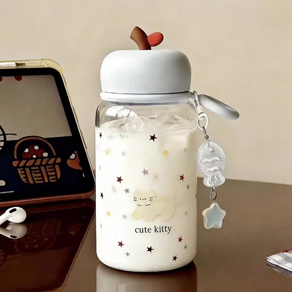 

600ml Cute Cat Water Bottle With Pendant Leak-proof Plastic Tumbler for Cold Coffee Juice Portable School Drinking Cup BPA Free