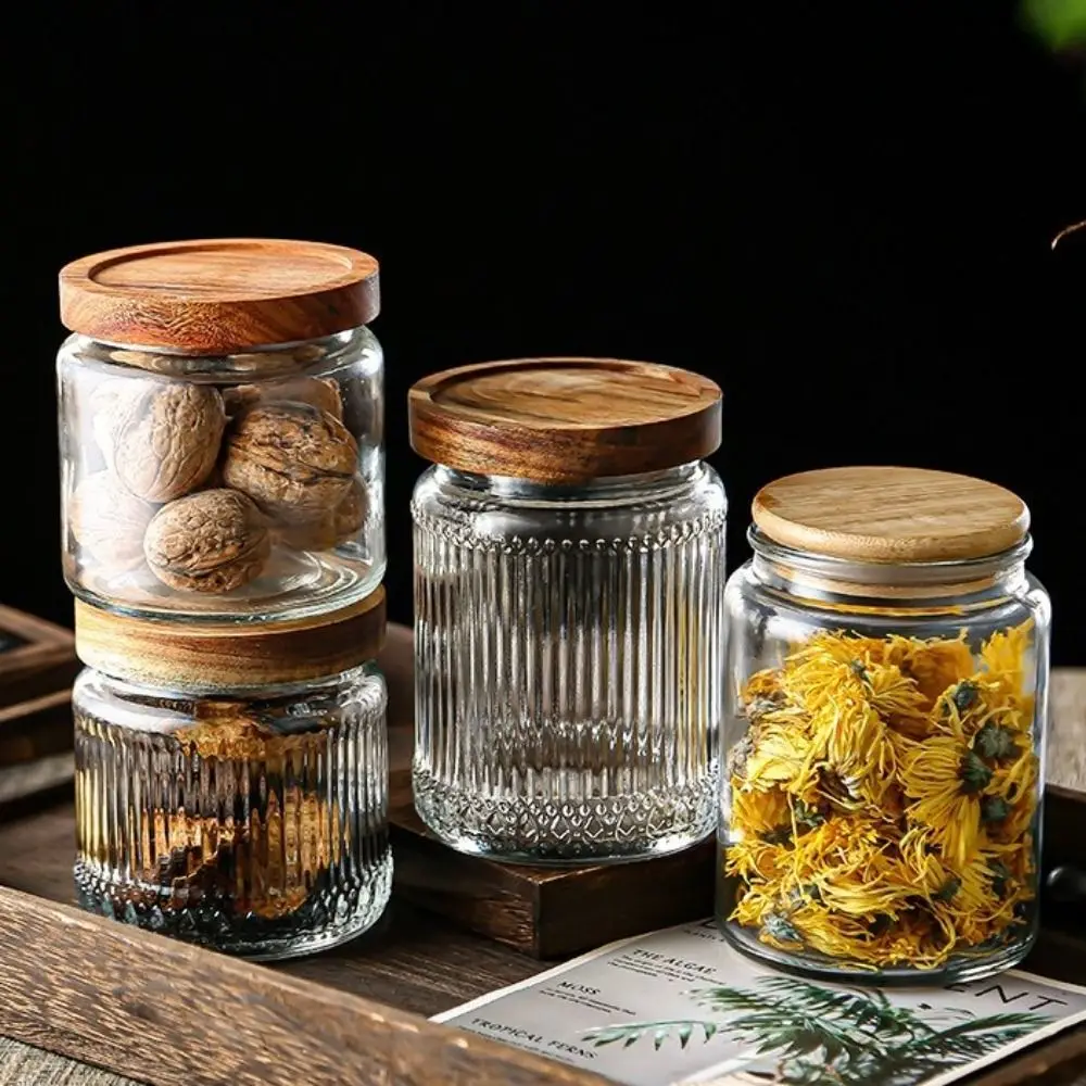 1000ML Storage Bottles Jars Embossed Pattern with Wooden Lid Food Storage Containers Glass Begonia Airtight Canister Grains