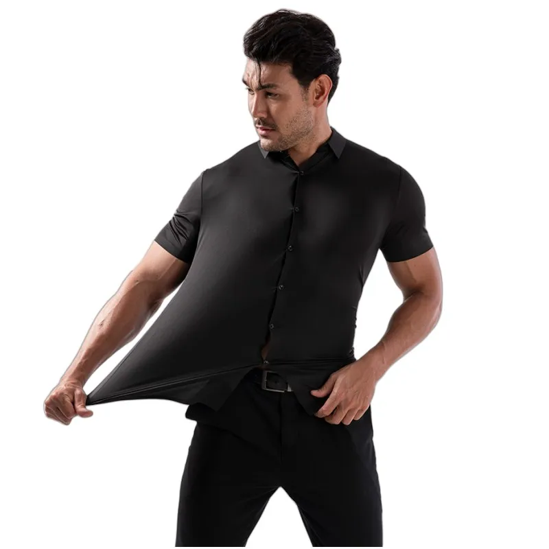 High-quality Elastic Shirts Summer Men's Solid Color Short Sleeved Shirts Business Casual Dress Shirt Simple Basic Man Clothe