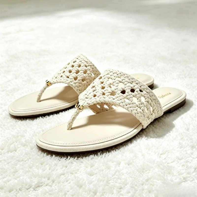 Unique Hollow Weaving Flat Sandals Women Fashion Metal Decorate Clip Toe Flip Flops for Ladies Summer Holiday Beach Slippers